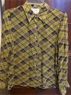 100% silk chartreuse and black plaid button up with mother of pearl buttons